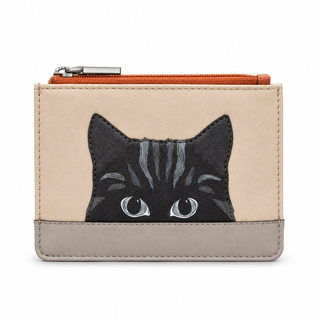 Gatto Cat Zip Top Purse in mocha and cream, front view on grey