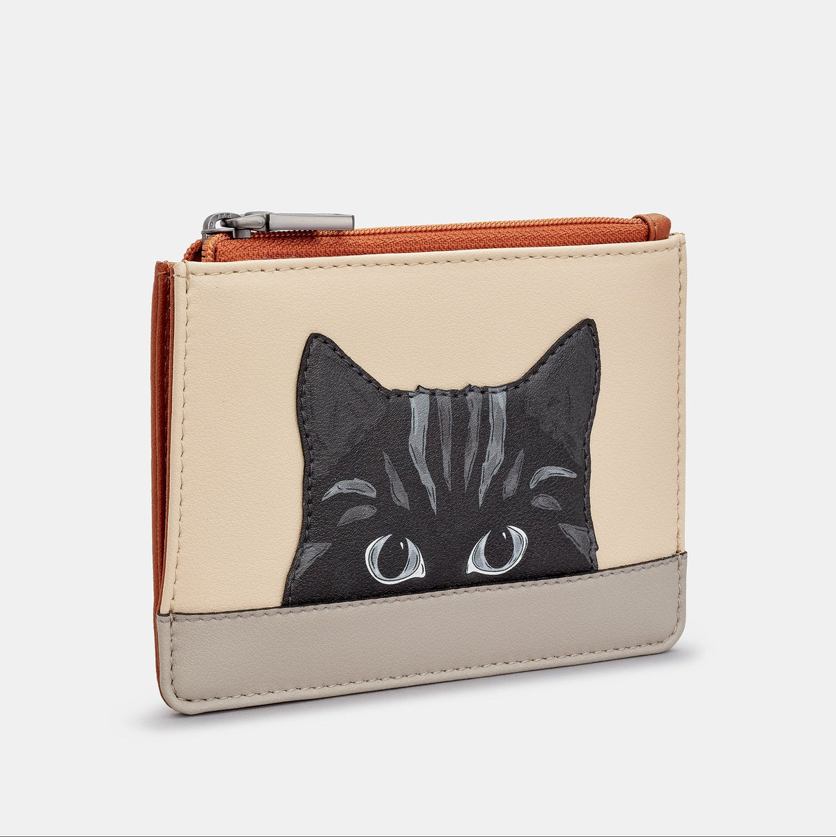Gatto Cat Zip Top Purse in mocha and cream, side view