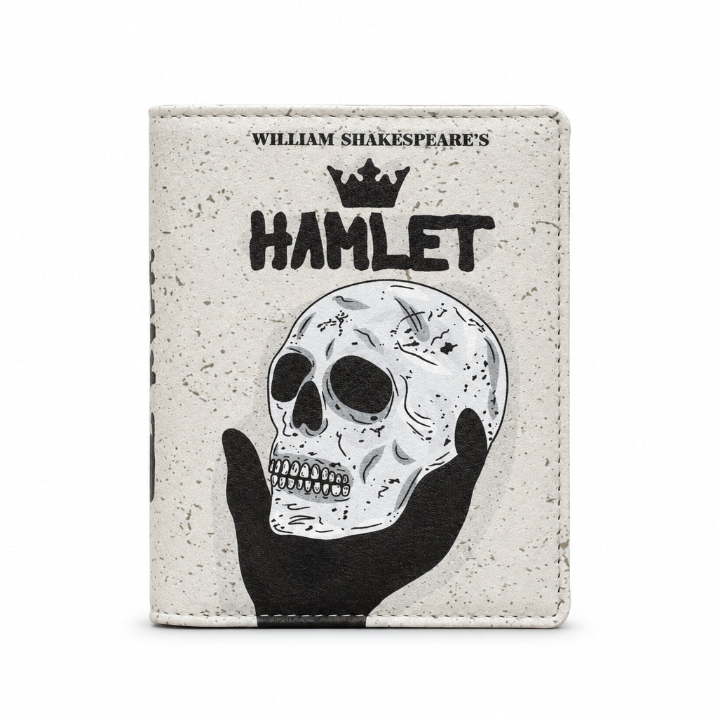 Hamlet Book Cover Purse in cream and black, front view on grey