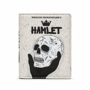 Hamlet Book Cover Purse in cream and black, front view on grey