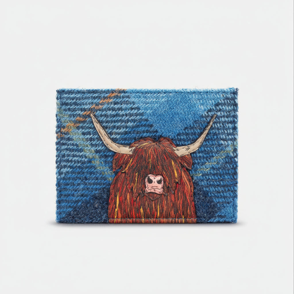 Highland cow card holder in blue tweed-effect vegan leather, front view on grey