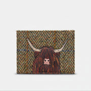 Highland cow card holder in green tweed-effect vegan leather, front view on grey