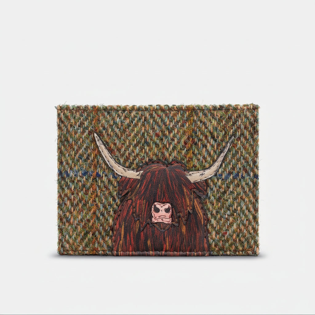 Highland cow card holder in green tweed-effect vegan leather, front view on grey