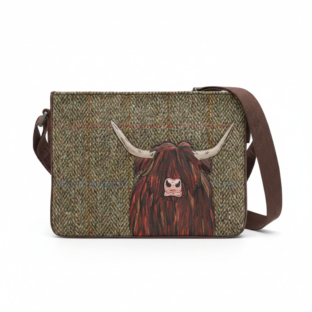 Highland cow cross body bag in green tweed-effect vegan leather, front view on grey