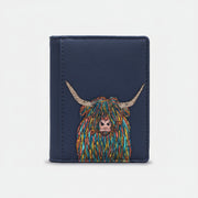 Highland cow flap-over card holder in navy vegan leather, front view on grey
