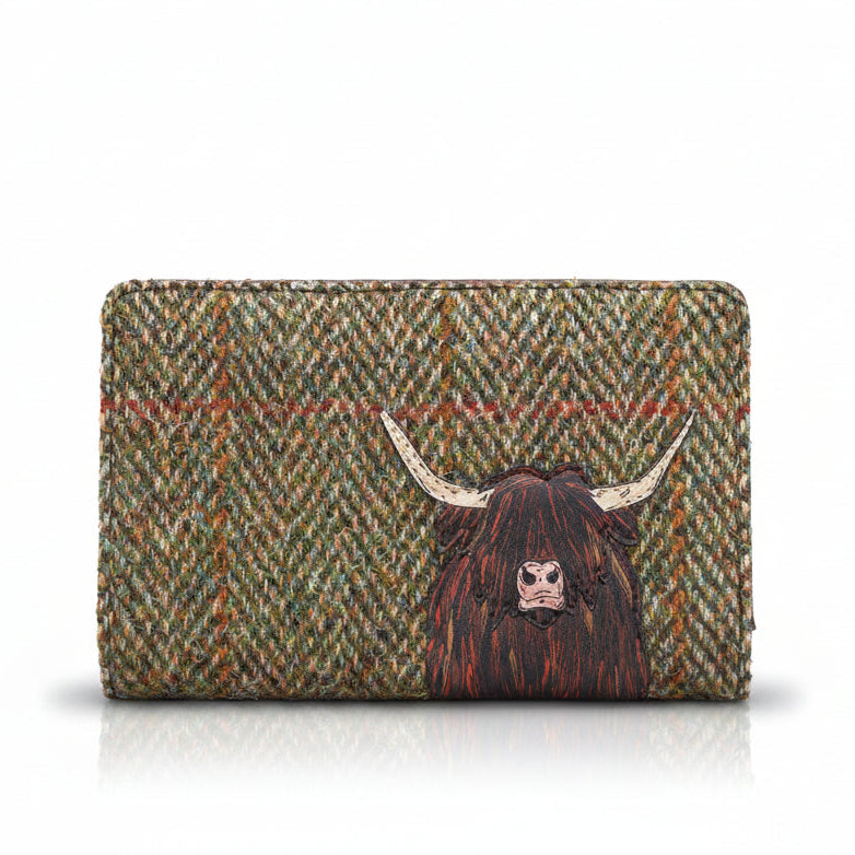 Highland cow flap-over purse in green tweed-effect vegan leather, front view on grey