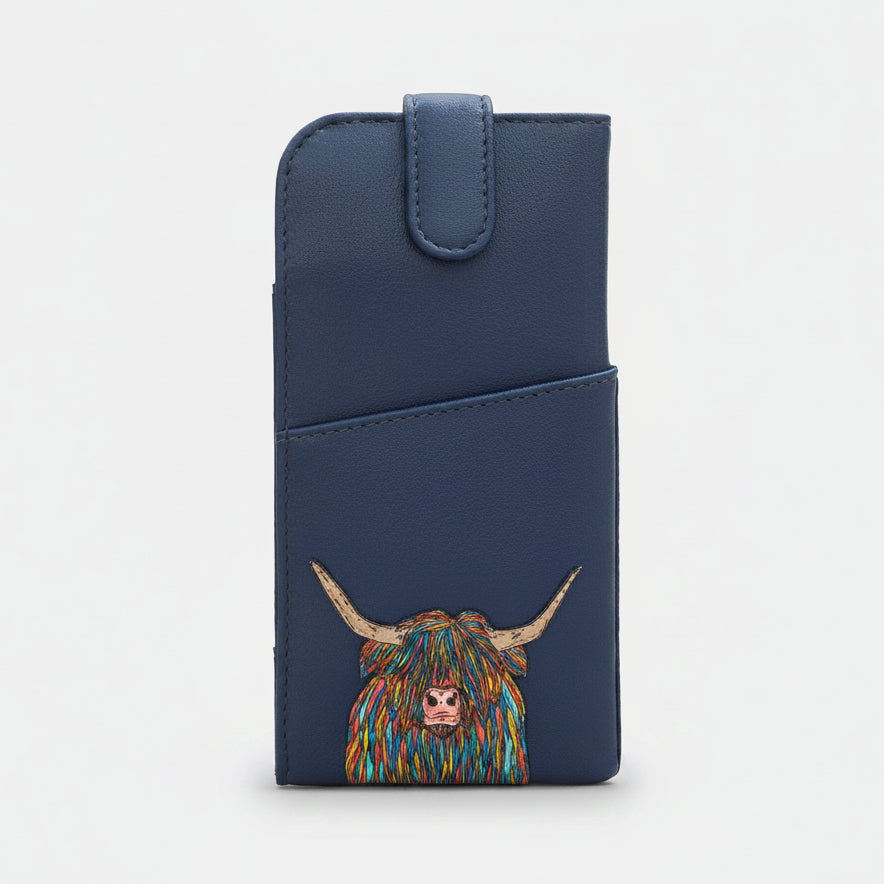 Highland cow glasses case in navy vegan leather, front detail