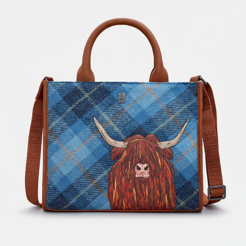 Highland cow tote bag in blue tweed-effect vegan leather, front detail