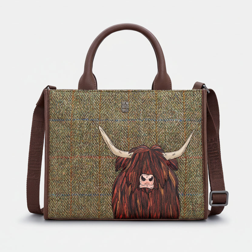 Highland cow tote bag in green tweed-effect vegan leather, front view on grey