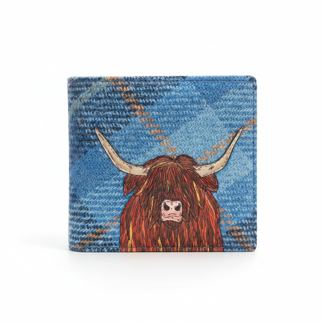 Highland cow wallet in blue tweed-effect vegan leather, front view on grey