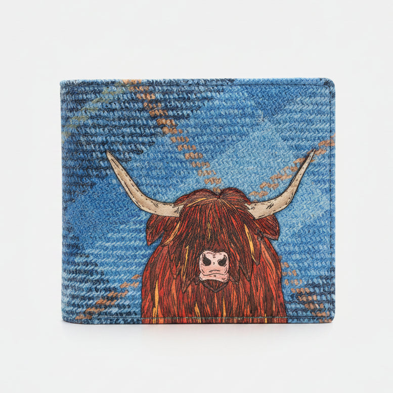 Highland cow wallet in blue tweed-effect vegan leather, front view on grey