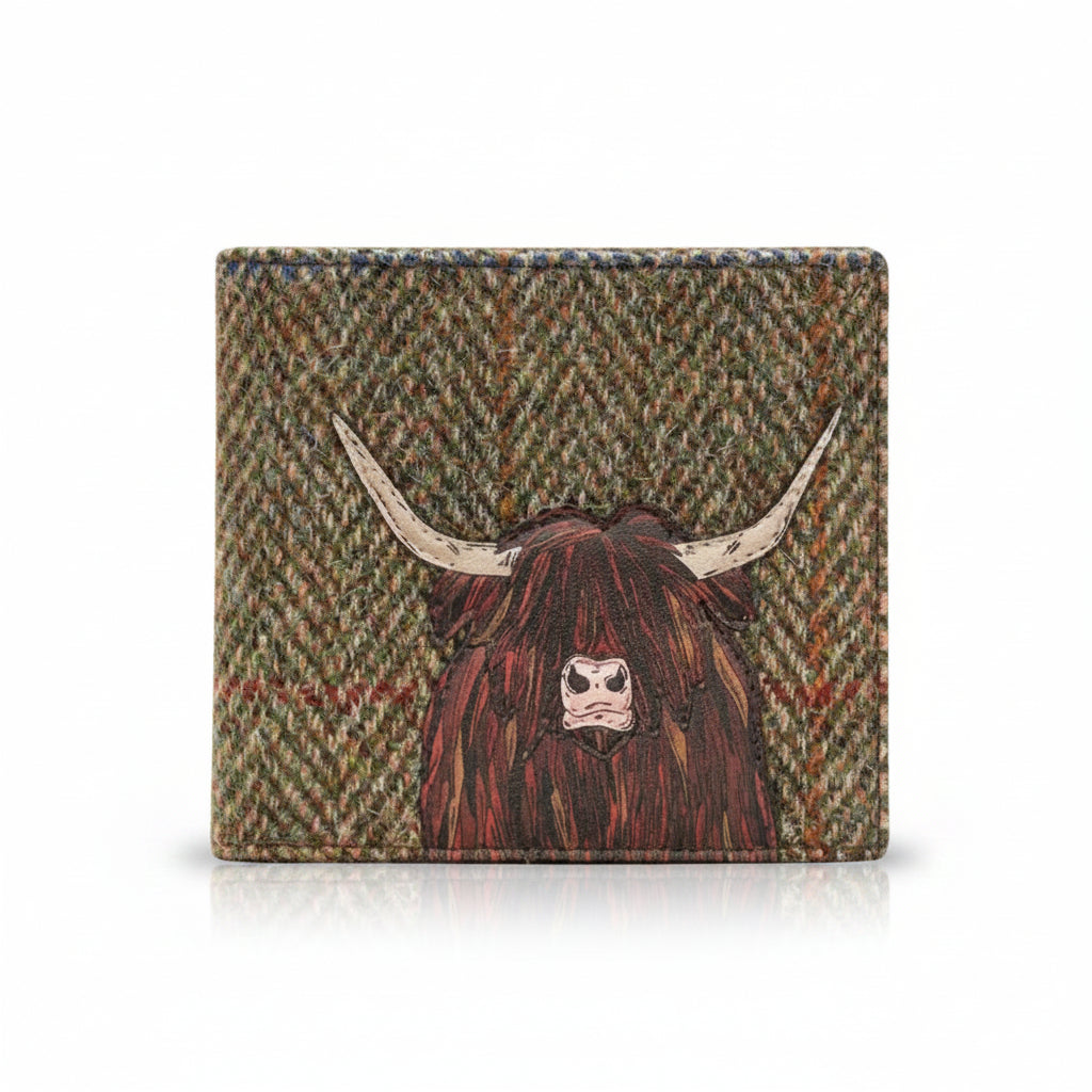 Highland cow wallet in green tweed-effect vegan leather, front view on grey