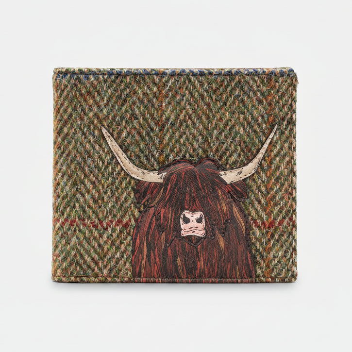Highland cow wallet in green tweed-effect vegan leather, front view on grey