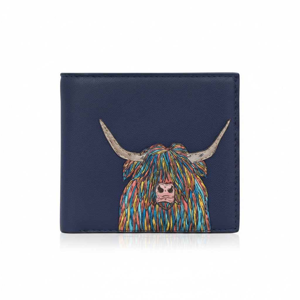 Highland cow wallet in navy vegan leather, front view on grey