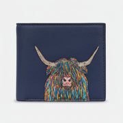 Highland cow wallet in navy vegan leather, front view on grey