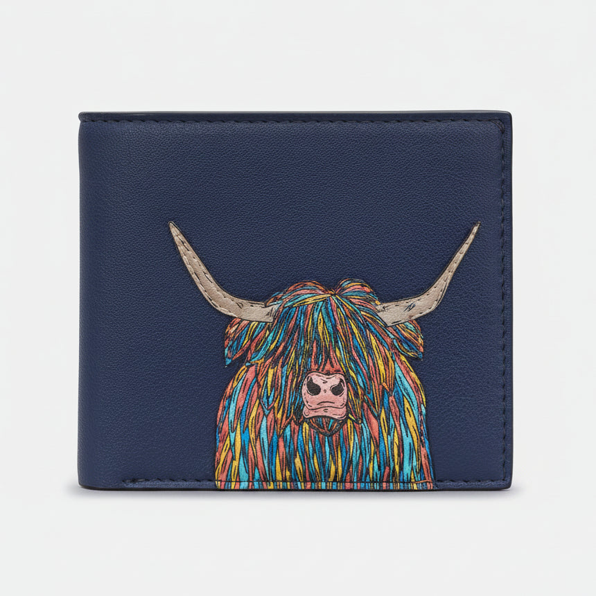Highland cow wallet in navy vegan leather, front view on grey