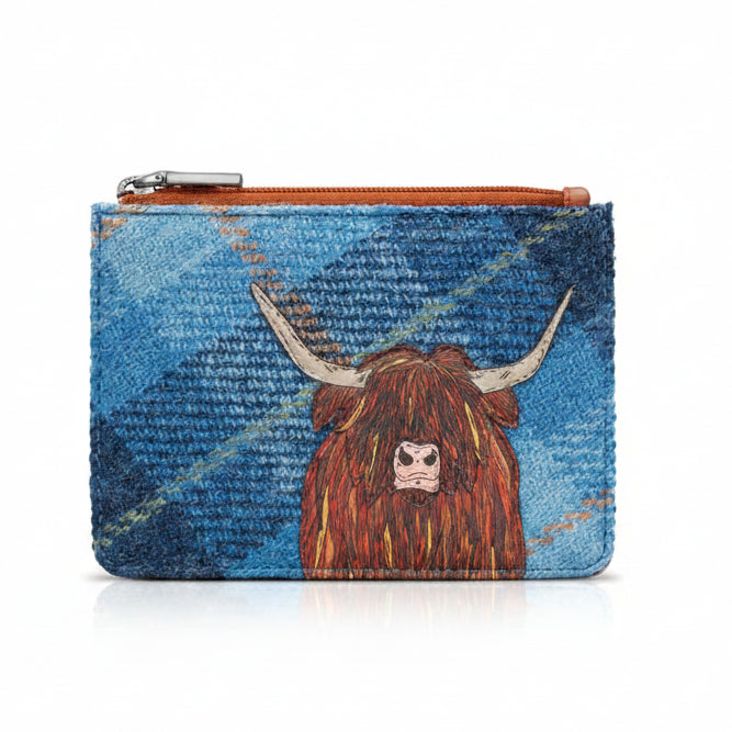 Highland cow zip-top purse in blue tweed-effect vegan leather, front view on grey