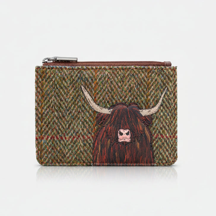 Highland cow zip-top purse in green tweed-effect vegan leather, front view on grey