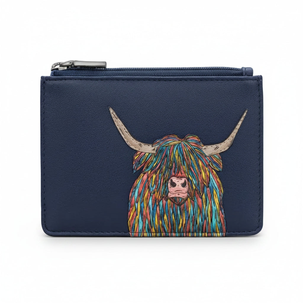 Highland cow zip-top purse in navy vegan leather, front view on grey