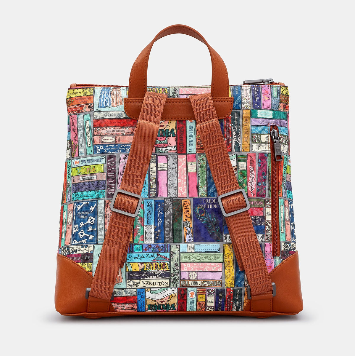 Jane Austen Library Backpack in book spine print, tan trim, back view