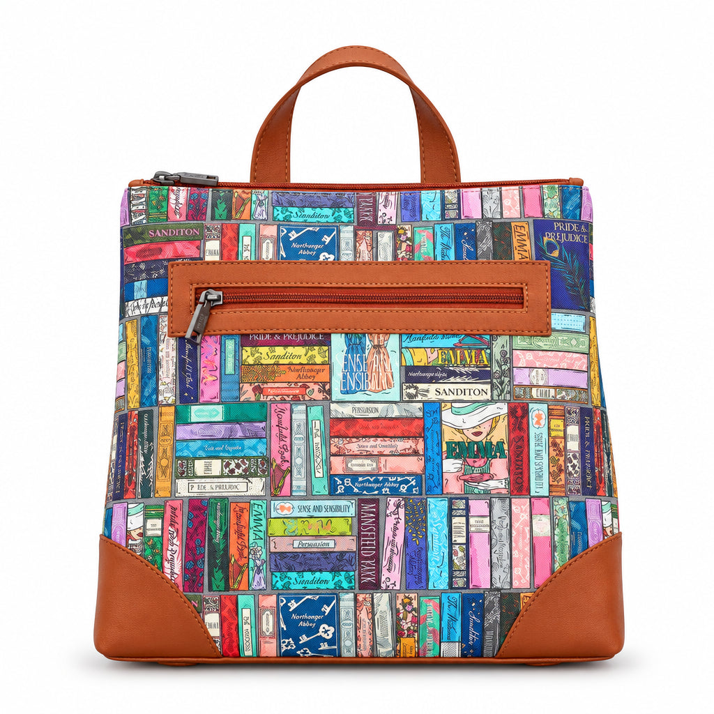 Jane Austen Library Backpack in book spine print, tan trim, front view on grey