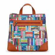 Jane Austen Library Backpack in book spine print, tan trim, front view on grey