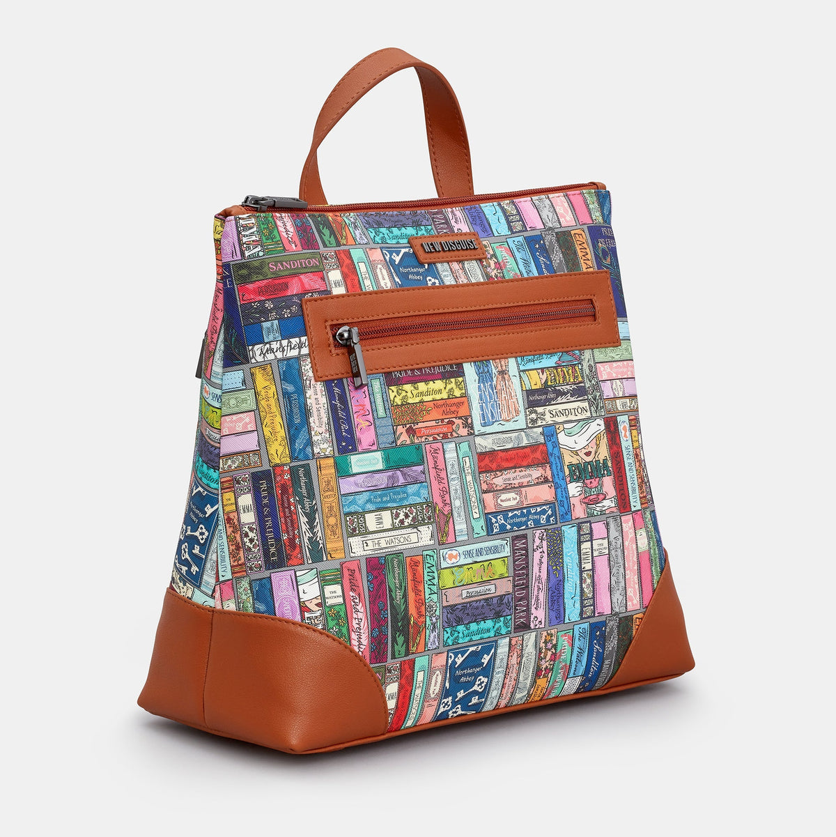 Jane Austen Library Backpack in book spine print, tan trim, side view