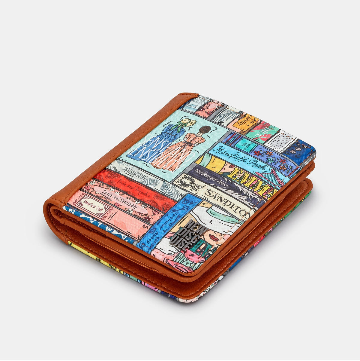 Jane Austen Library Purse in book spine print, tan trim, angled view