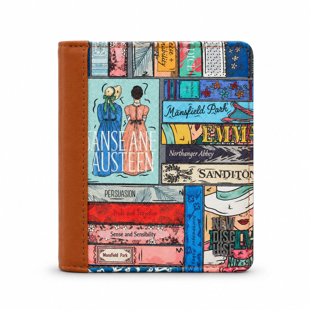 Jane Austen Library Purse in book spine print, tan trim, front view on grey