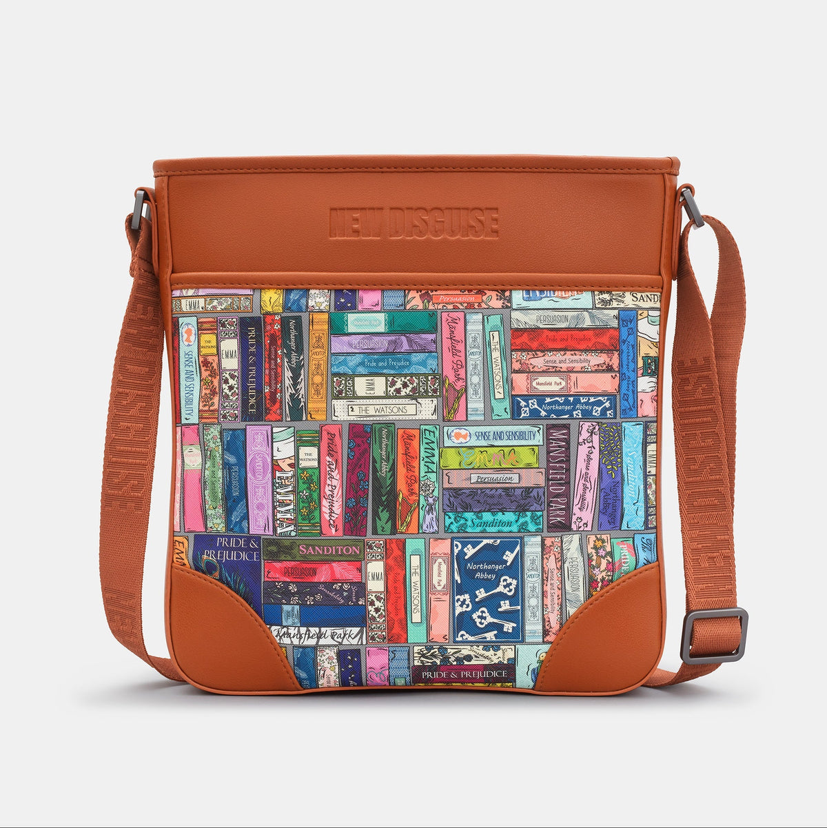 Jane Austen Library Maxi Cross Body Bag in book spine print, tan trim, back view
