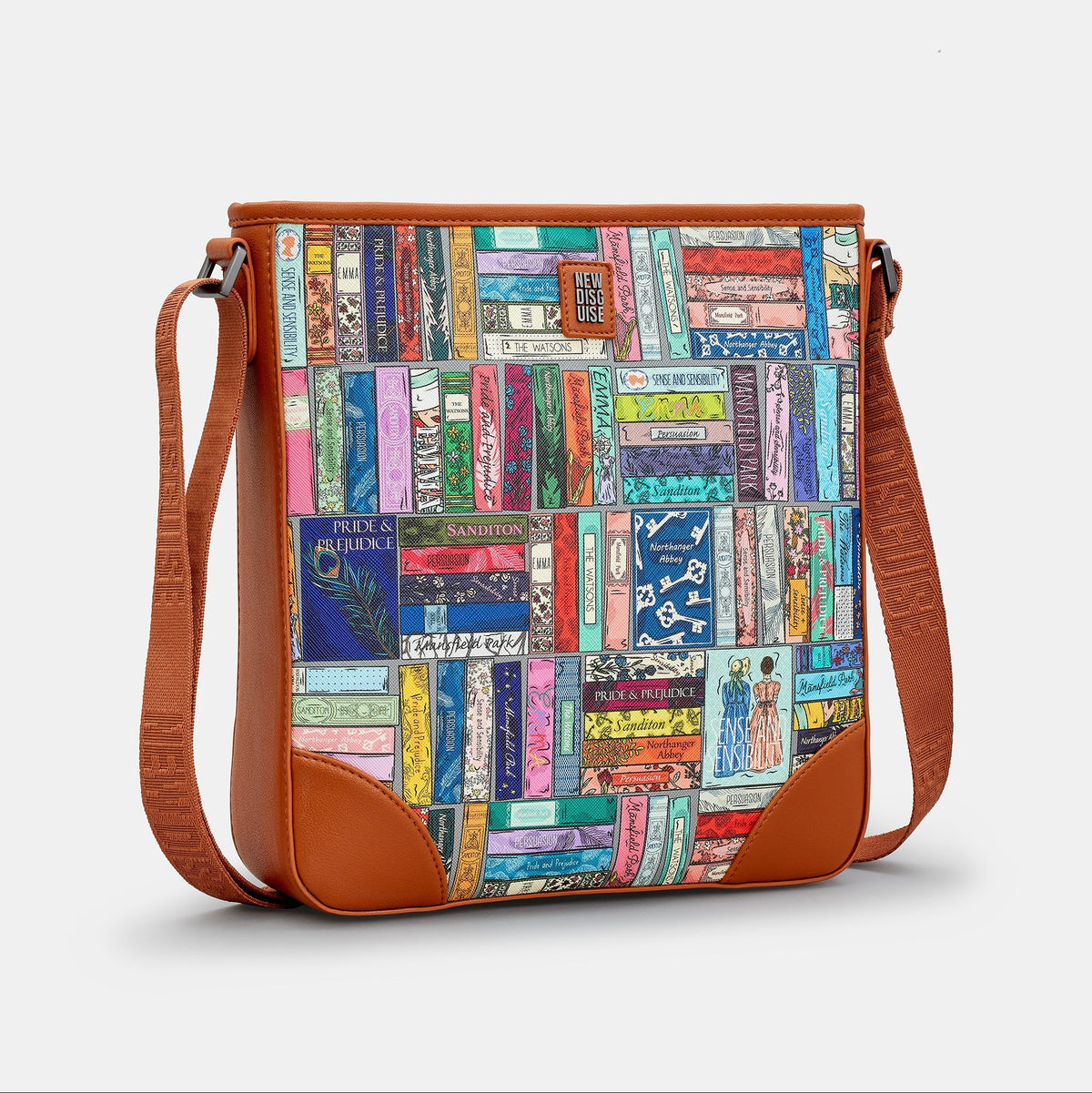 Jane Austen Library Maxi Cross Body Bag in book spine print, tan trim, side view