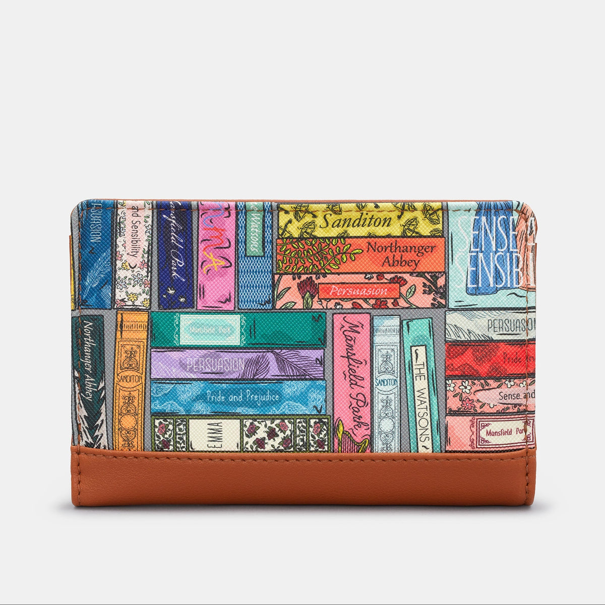 Jane Austen Library Zip Around Purse in book spine print, tan trim, back view