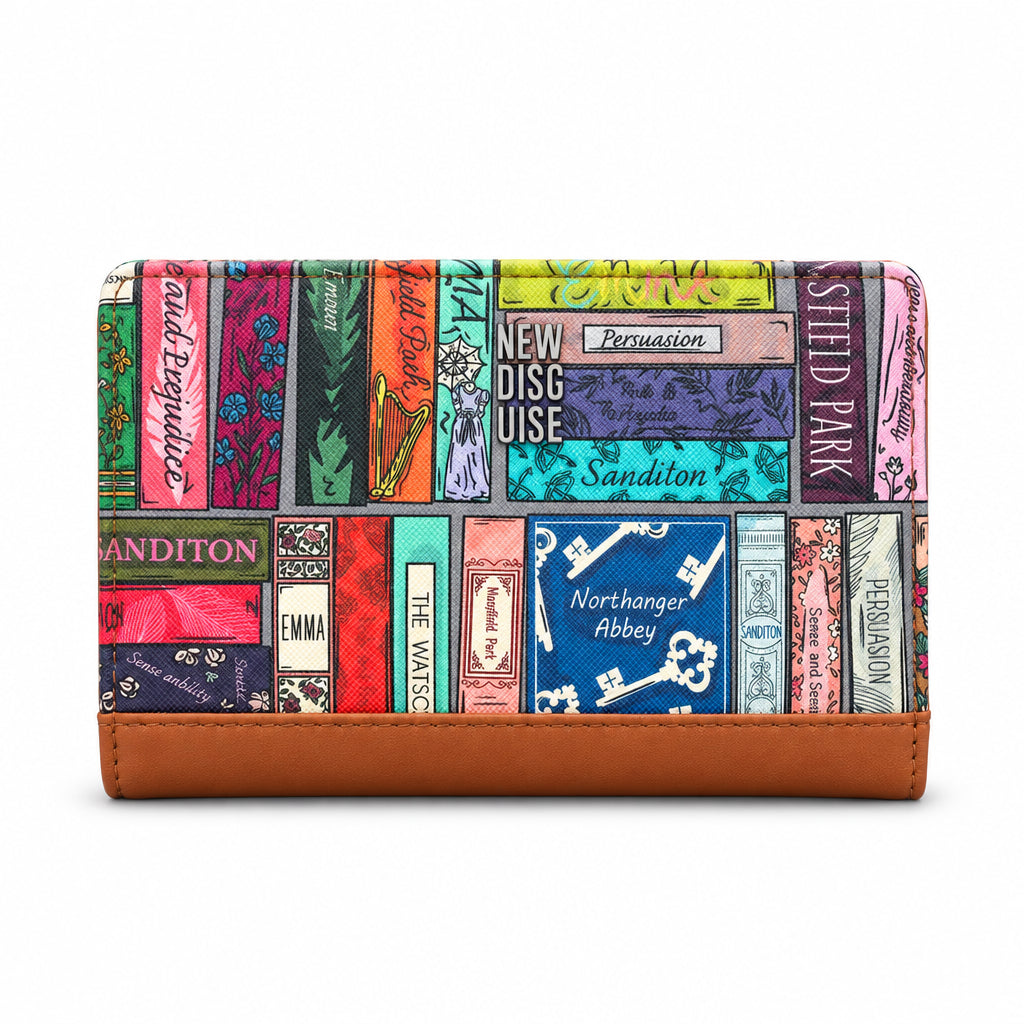 Jane Austen Library Zip Around Purse in book spine print, tan trim, front view on grey