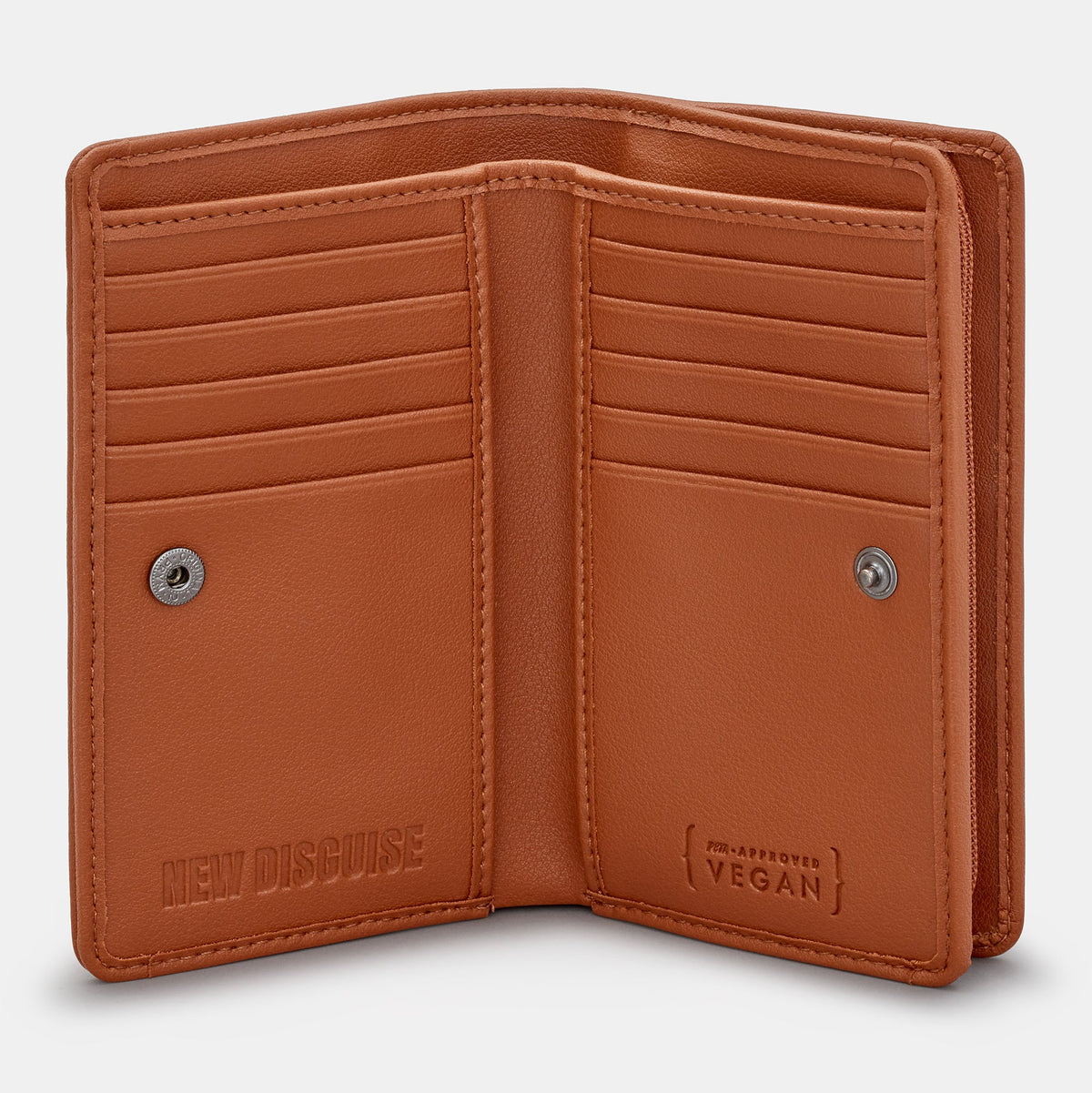 Jane Austen Library Zip Around Purse in book spine print, tan trim, open, showing the card slots