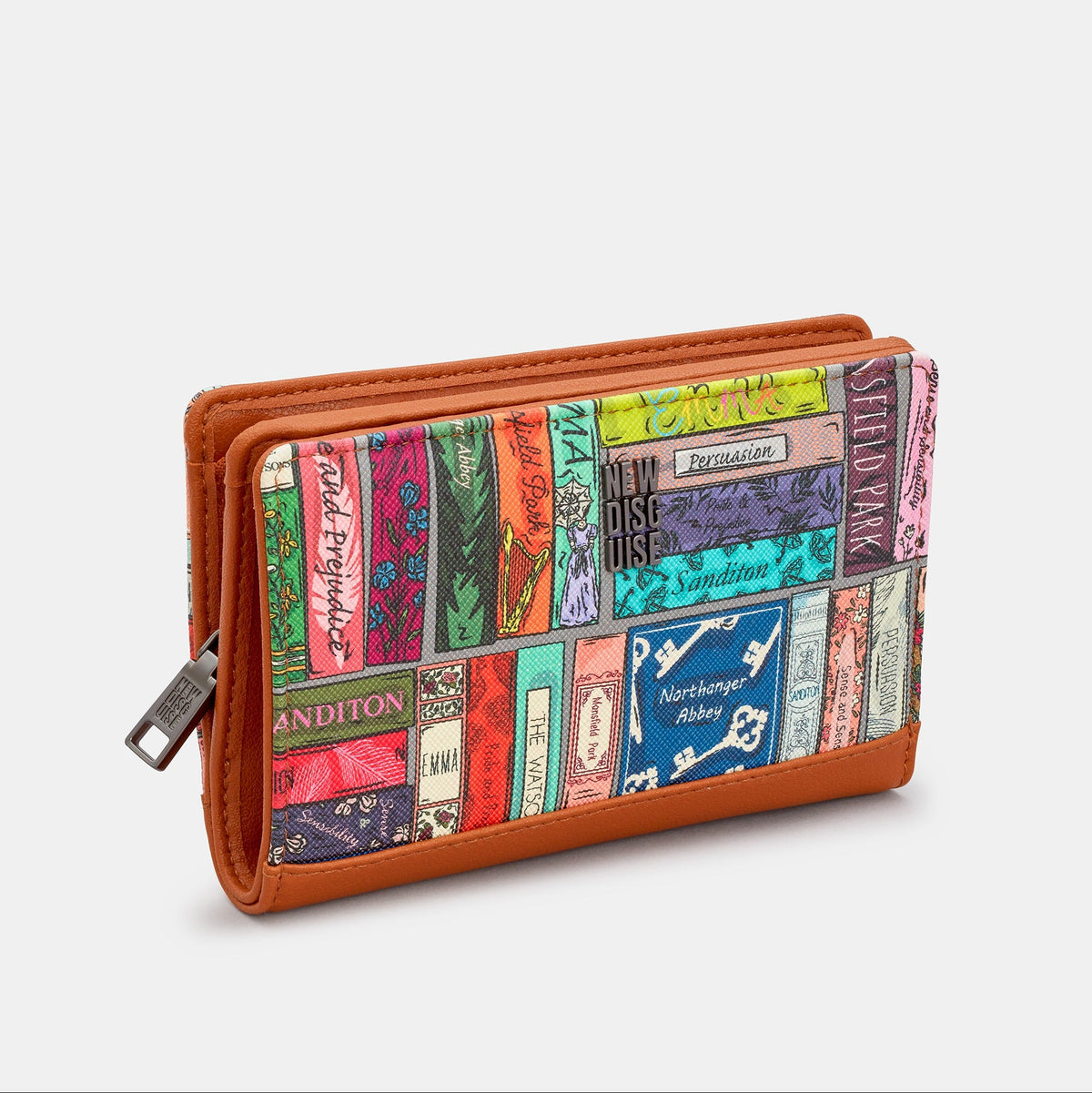 Jane Austen Library Zip Around Purse in book spine print, tan trim, side view