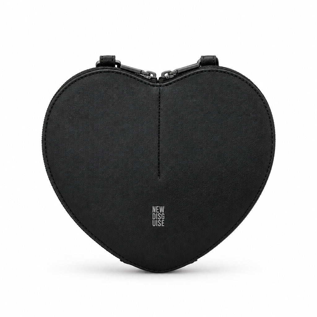 Love Lane Heart Cross Body Bag in black, front view on grey