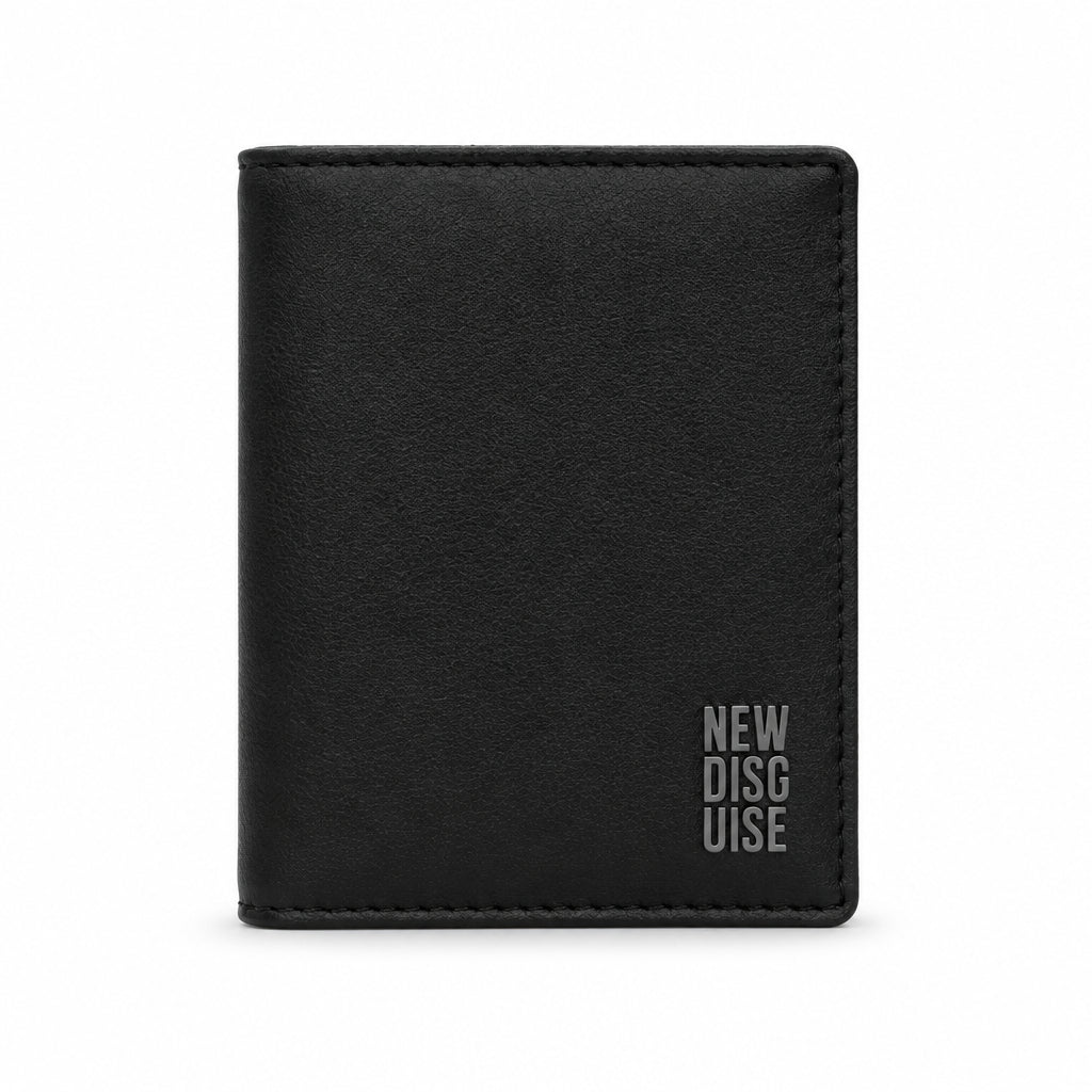 Nolan Card Holder in black, front view on grey