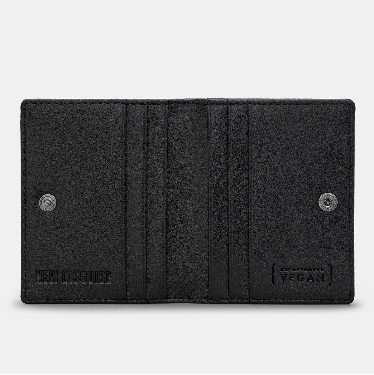 Nolan Card Holder in black, open, showing the card slots