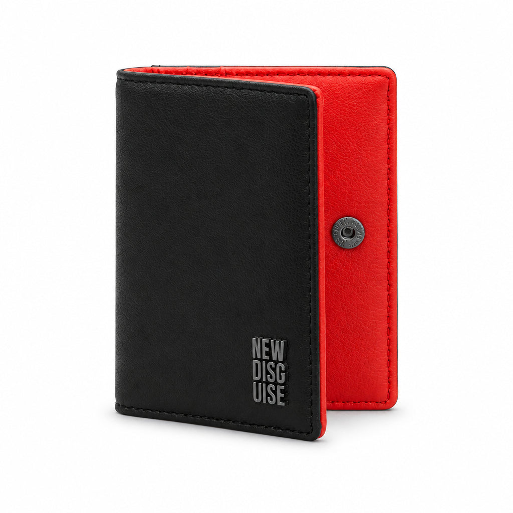 Nolan Card Holder in black and red, front view on grey