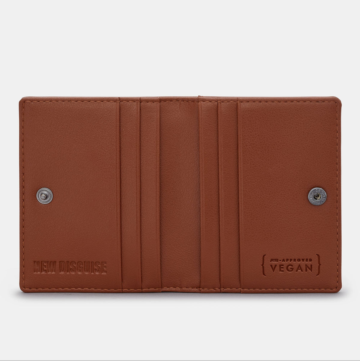 Nolan Card Holder in brown and chestnut, open, showing the card slots