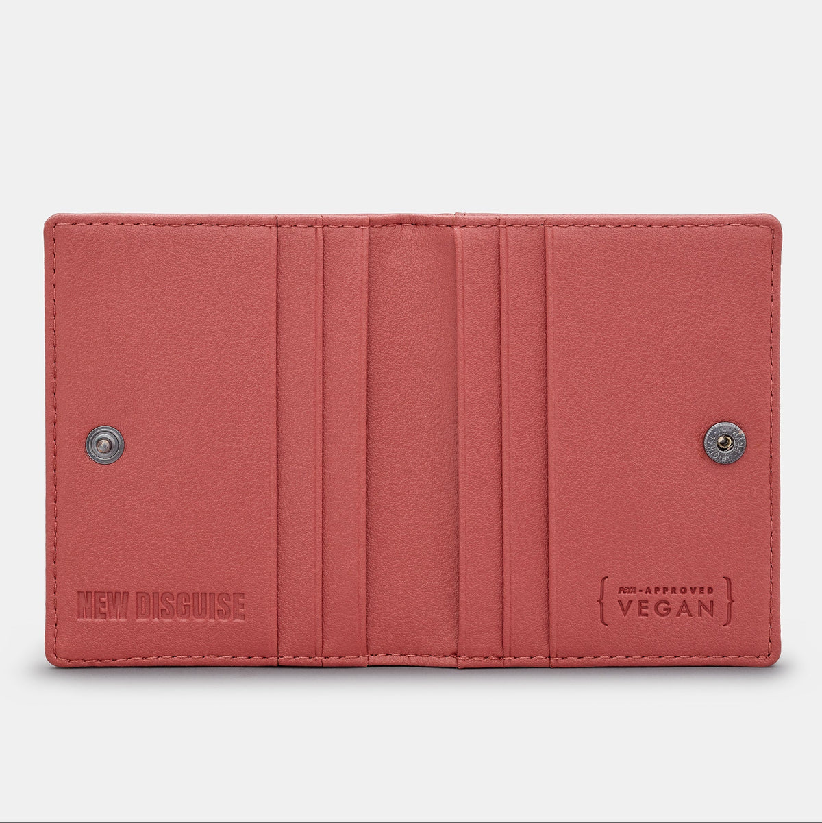 Nolan Card Holder in rose pink, open, showing the card slots
