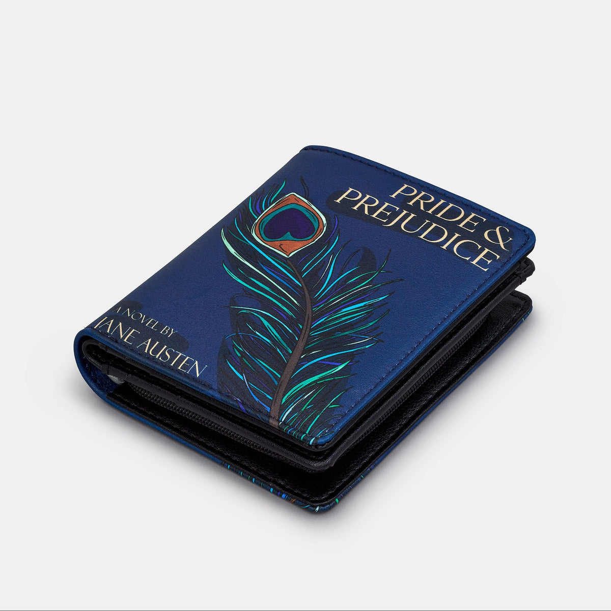 Pride and Prejudice Book Cover Purse in navy, angled view