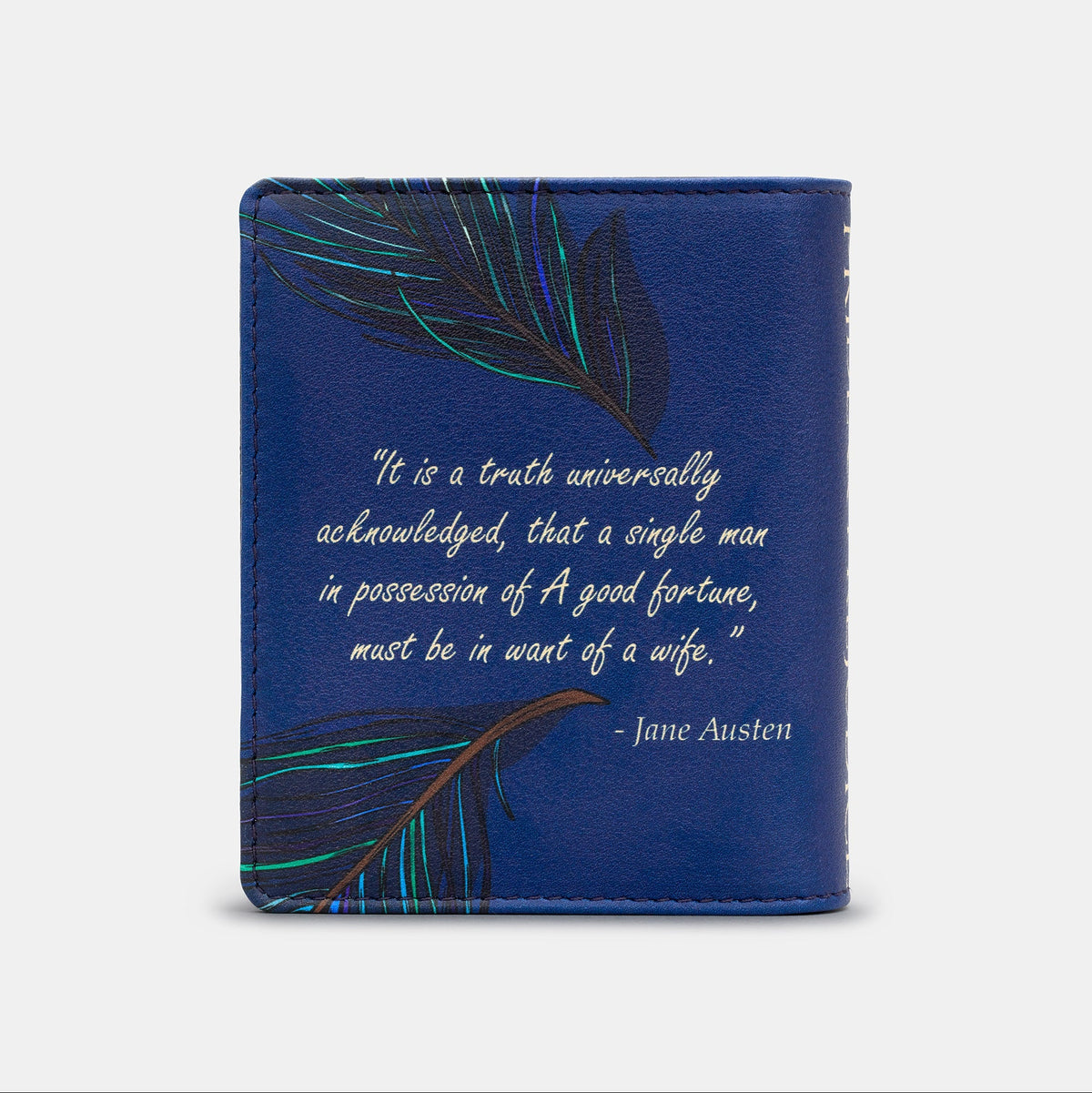Pride and Prejudice Book Cover Purse in navy, back view with the quote