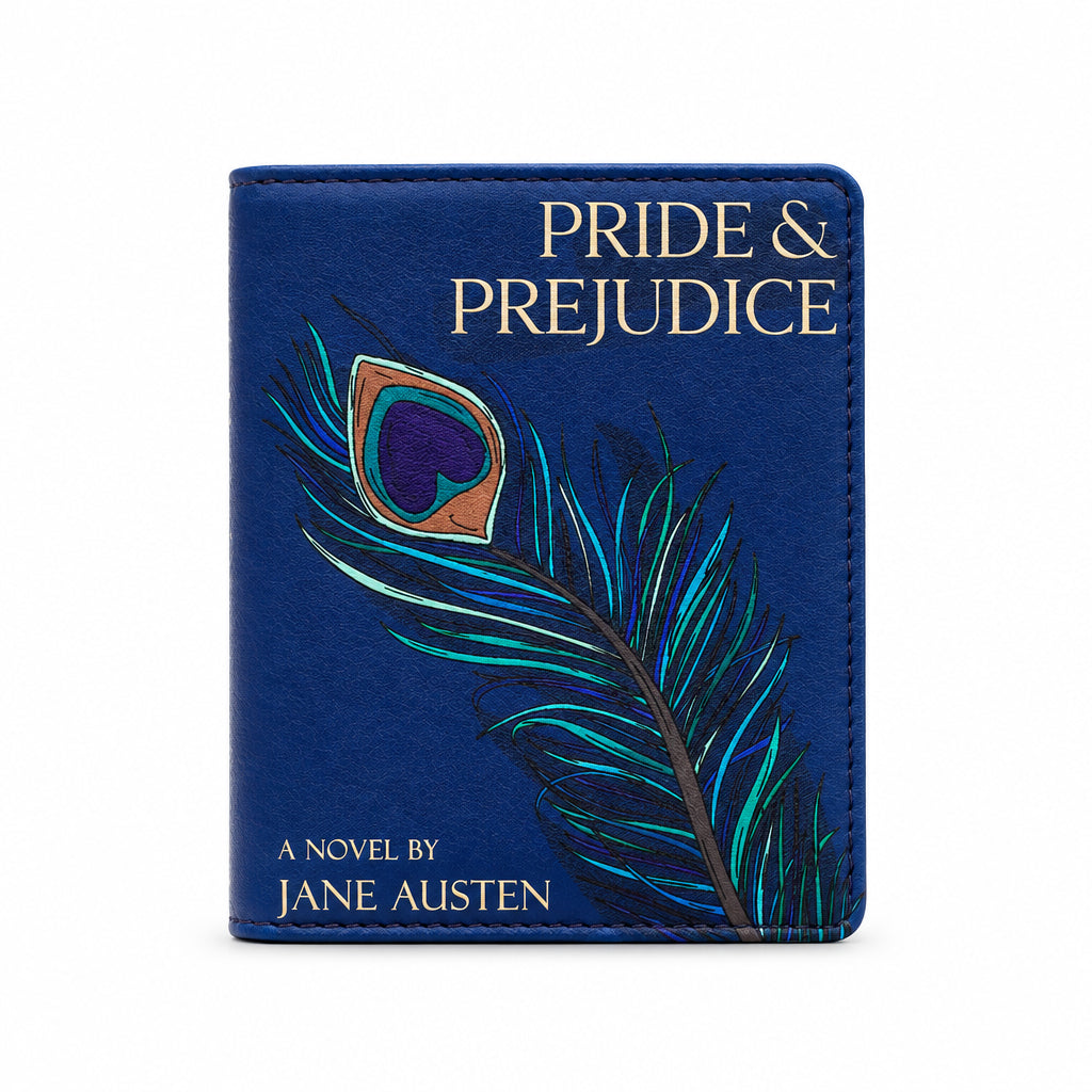 Pride and Prejudice Book Cover Purse in navy, front view on grey