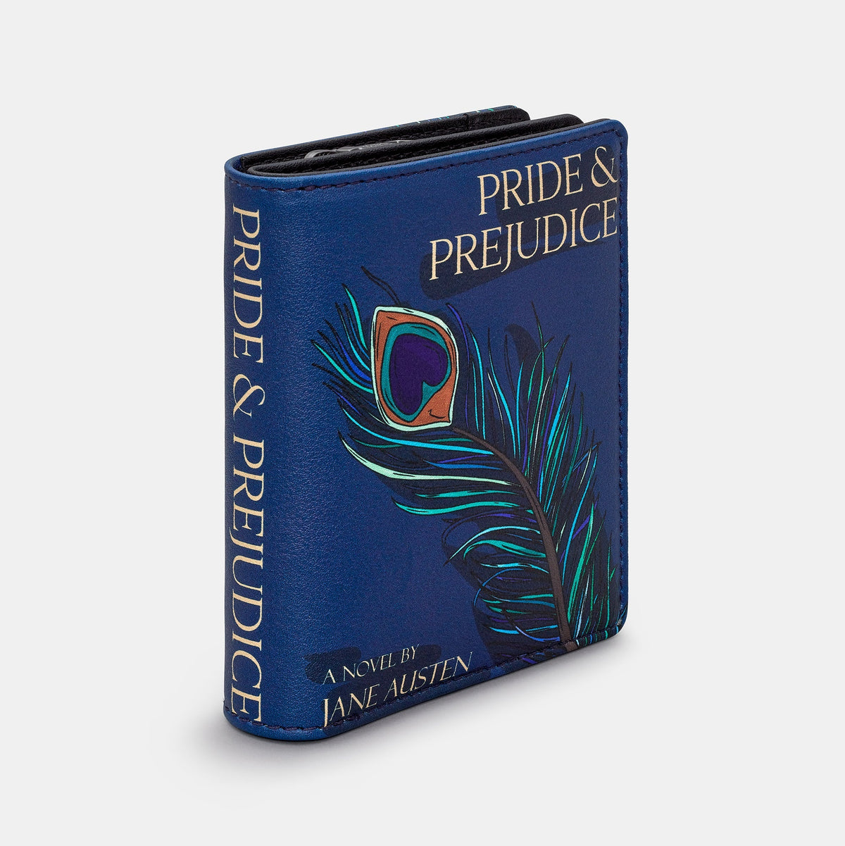 Pride and Prejudice Book Cover Purse in navy, side view