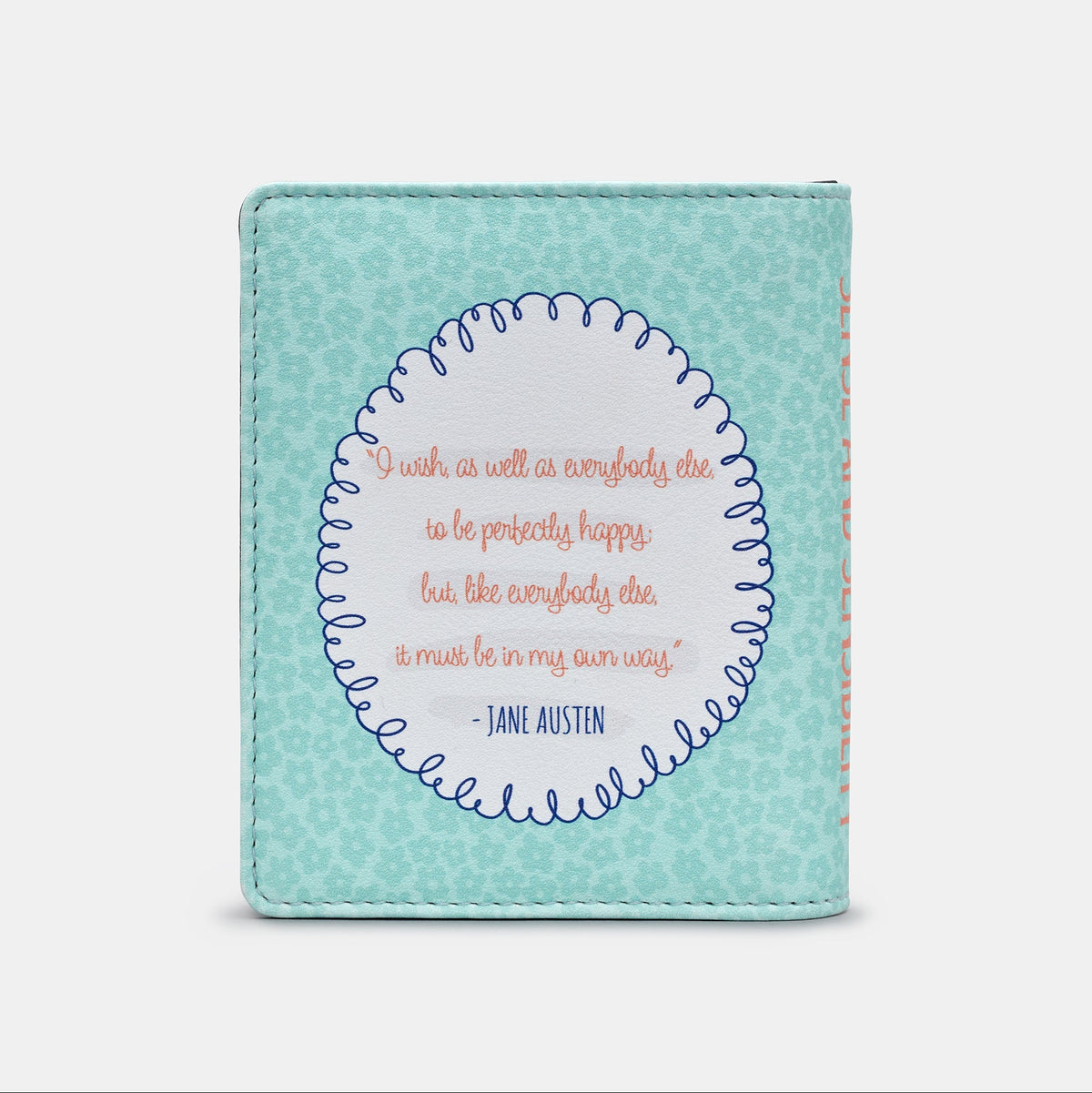 Sense and Sensibility Book Cover Purse in duck egg blue, back view with the quote
