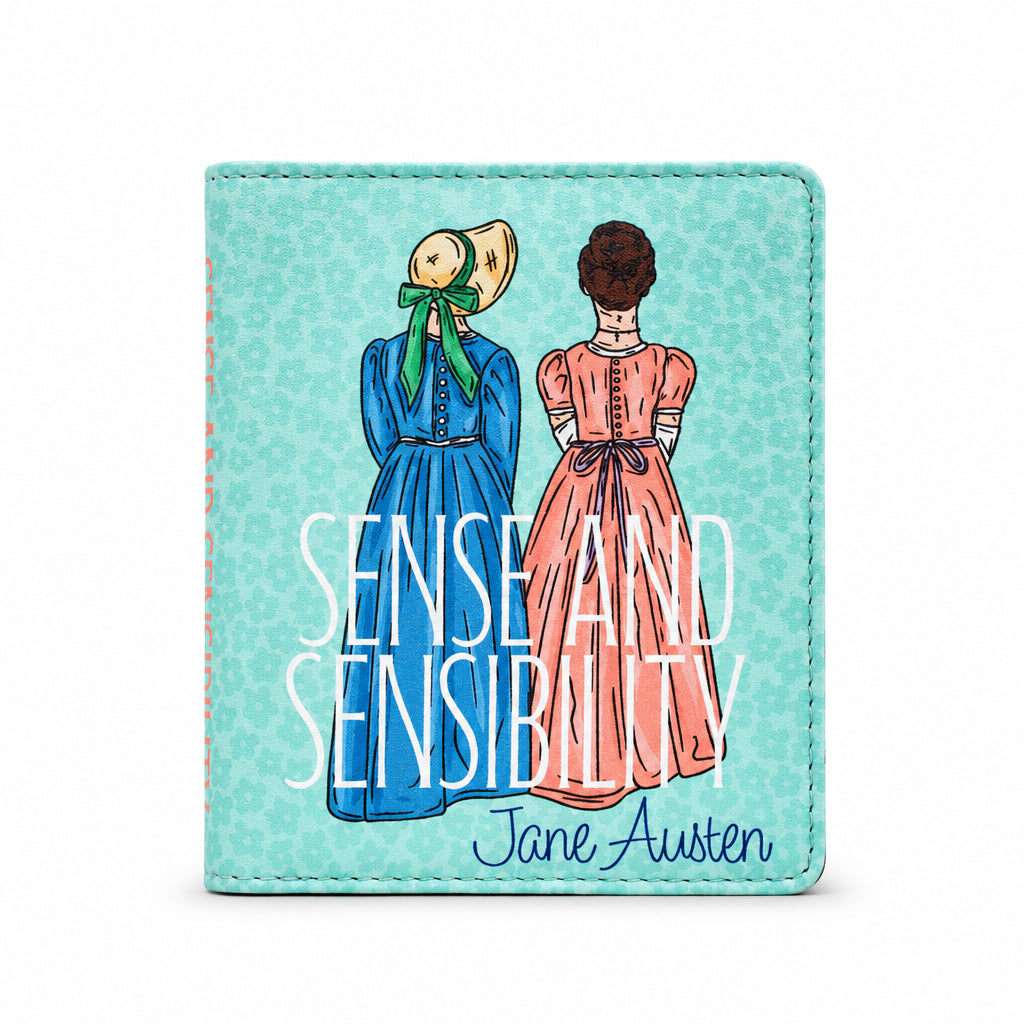 Sense and Sensibility Book Cover Purse in duck egg blue, front view on grey