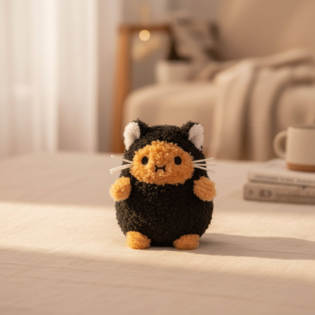 Black Kitty Ricespud plushie with pointed ears and stitched whiskers