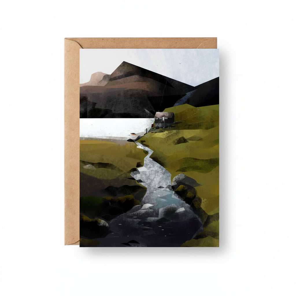 Northern Island Residence greeting card featuring Sara Willia's Faroe Islands landscape artwork with kraft envelope