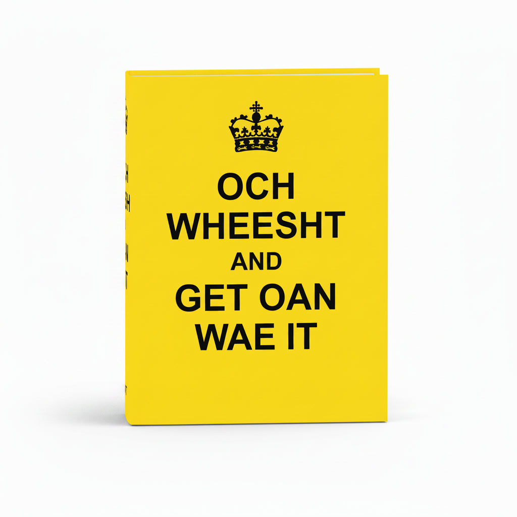 Yellow hardback book titled “Och Wheesht and Get Oan Wae It” with crown graphic on cover.
